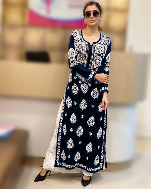 Navy Blue Rayon Cotton Chikankari Kurta Palazzo