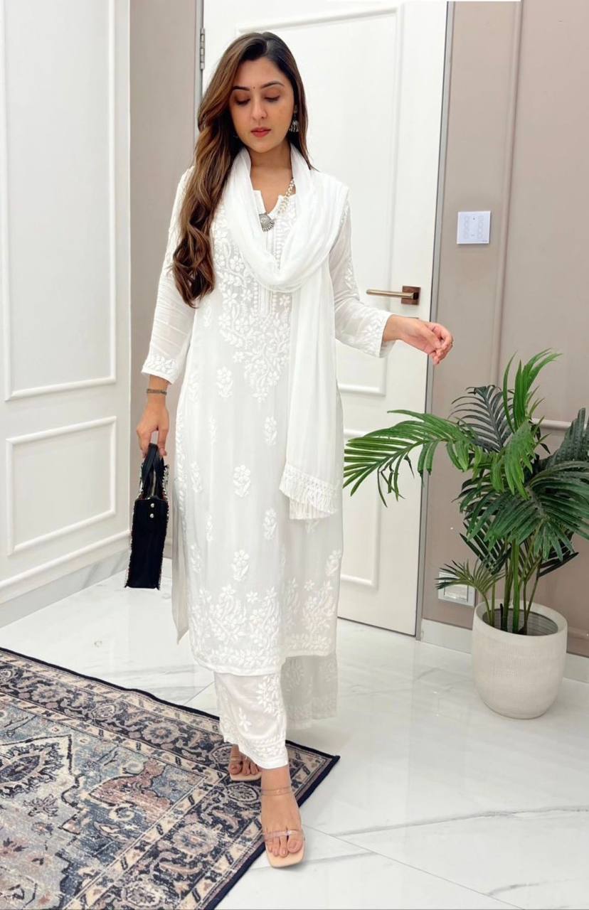 White Rayon Cotton Kurta With Palazzo And Dupatta