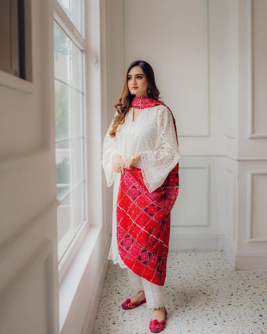 Ice White Schiffli Embroidred Comfy Cotton Kurta Pant And Bandhani Print Dupatta Set