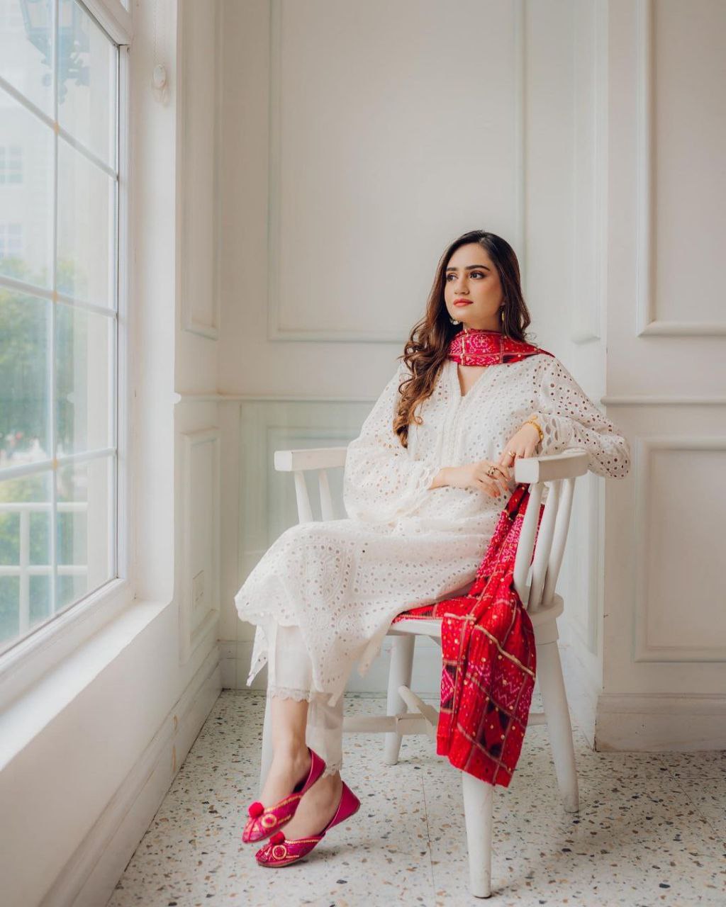 Ice White Schiffli Embroidred Comfy Cotton Kurta Pant And Bandhani Print Dupatta Set