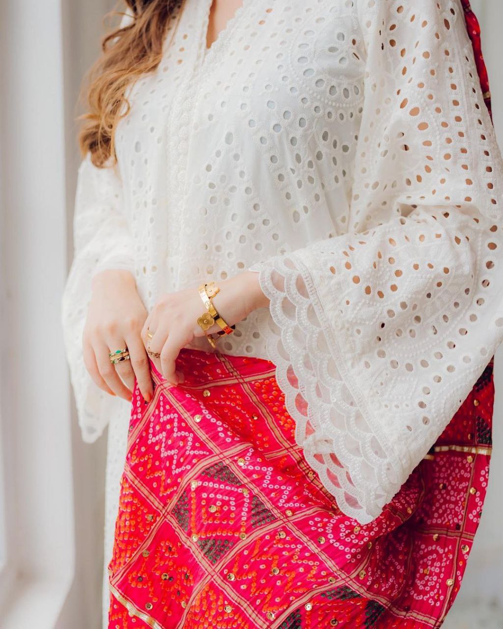 Ice White Schiffli Embroidred Comfy Cotton Kurta Pant And Bandhani Print Dupatta Set