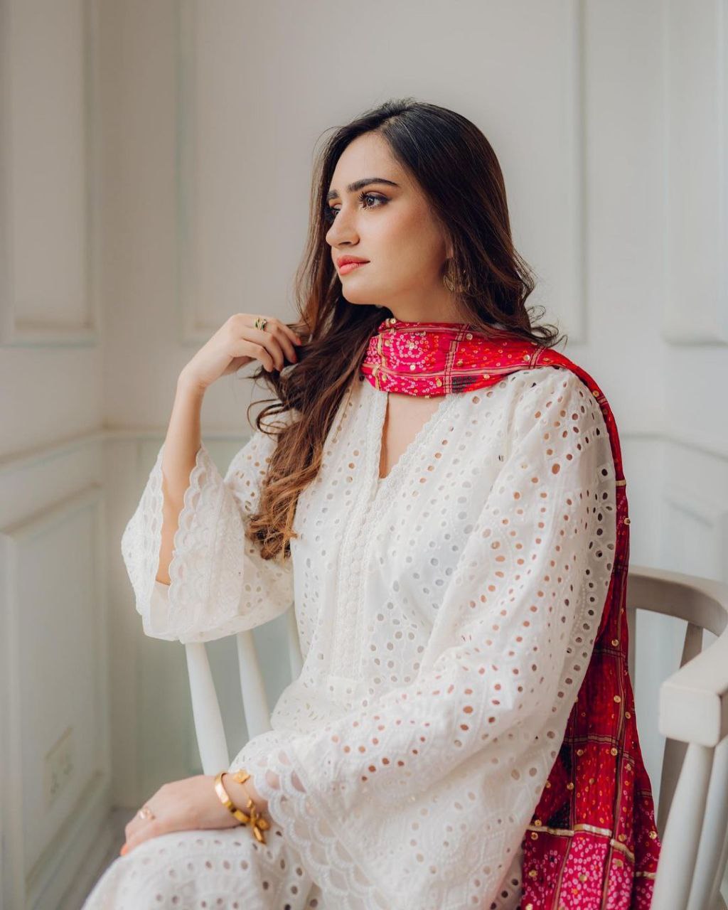 Ice White Schiffli Embroidred Comfy Cotton Kurta Pant And Bandhani Print Dupatta Set