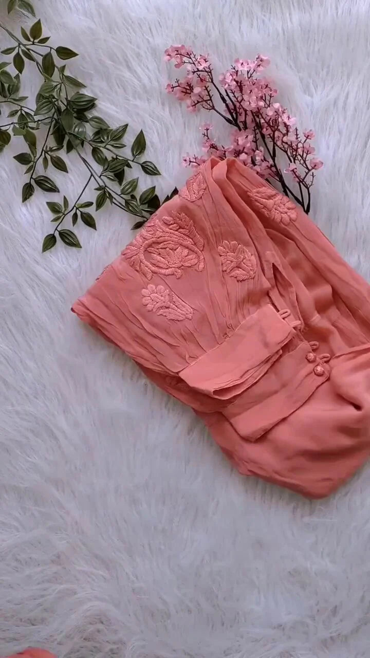 Peach Premium Silk Afghani Chikankari Tunic Set