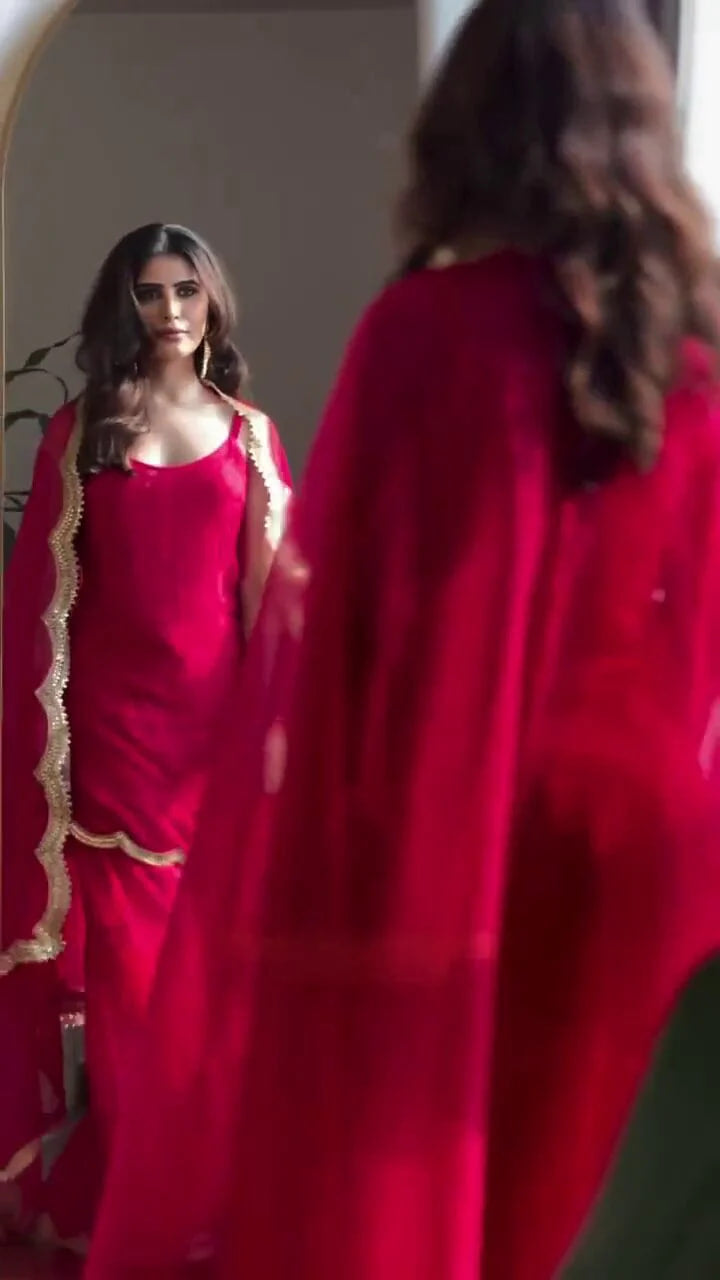 Red Strappy Viscose Georgette Chikankari Gharara Set