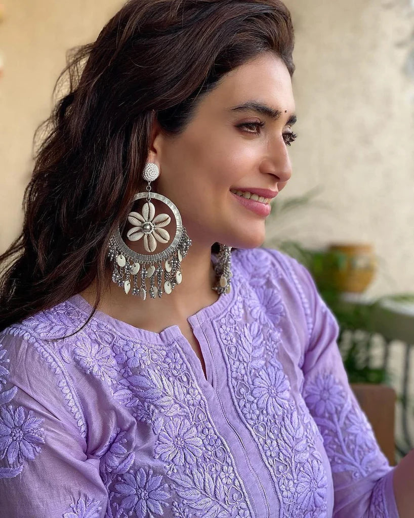 Purple Colour Cotton Chikankari Kurta With Palazzo