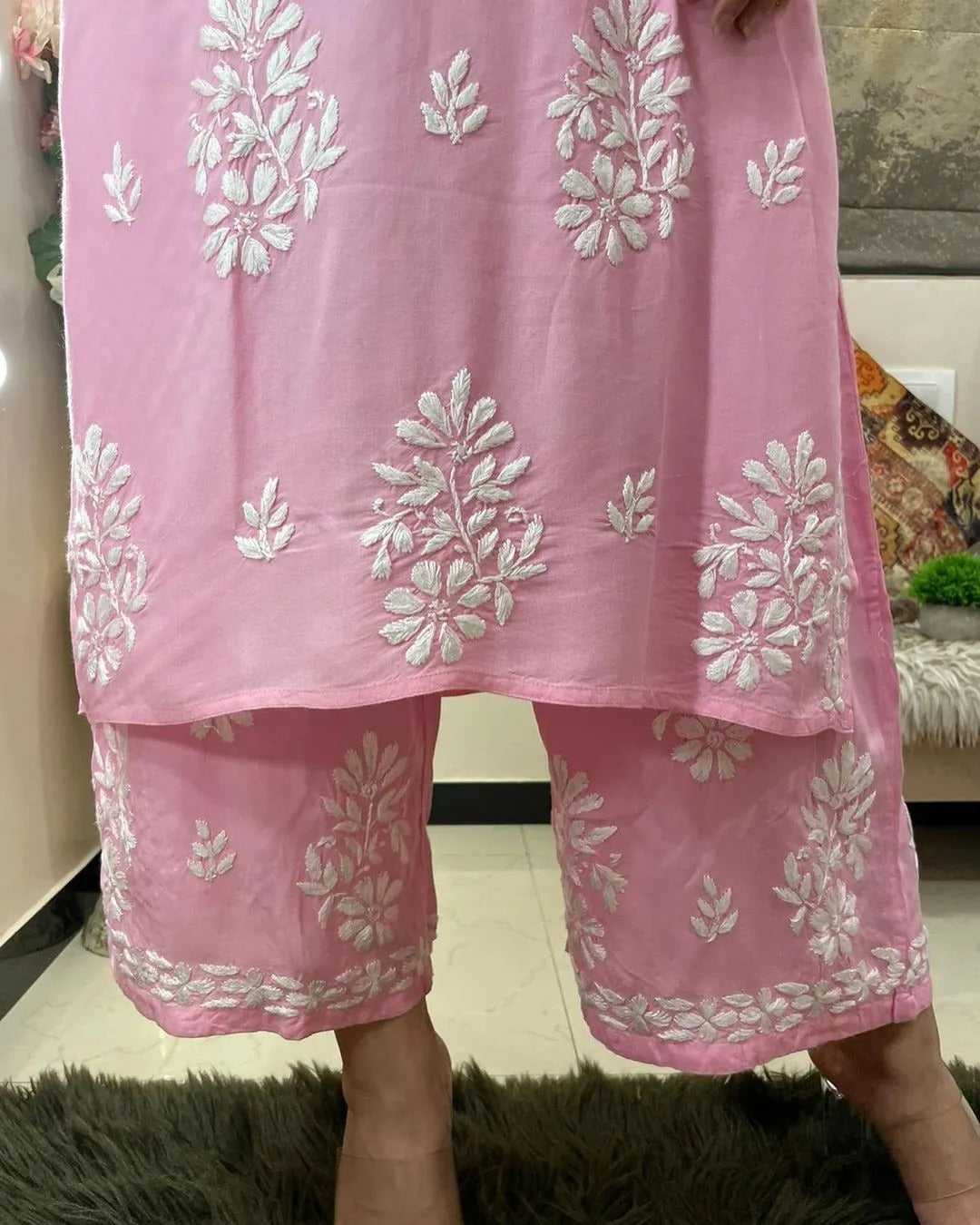 Lightpink Rayon Cotton Chikankari Kurta With Palazzo