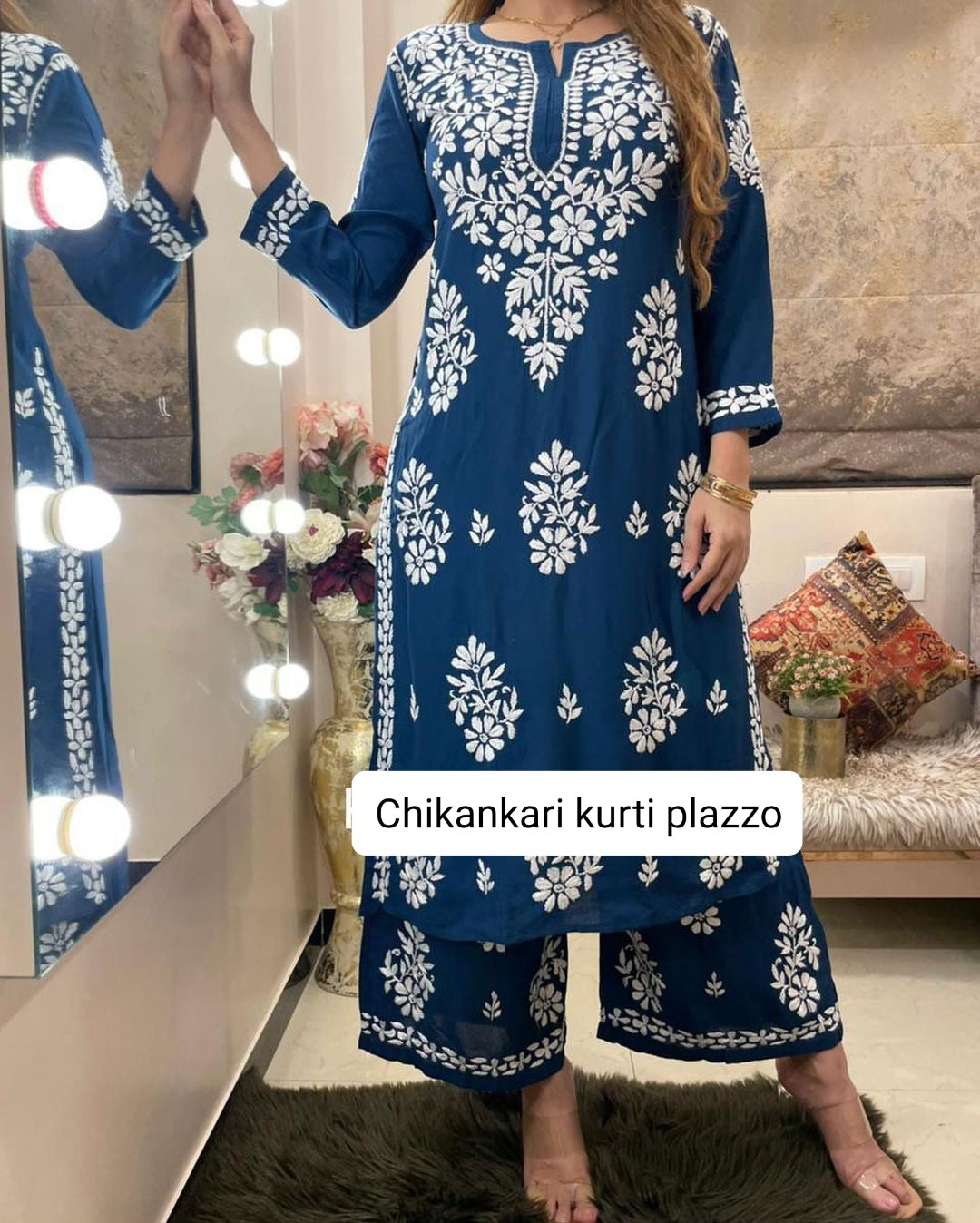 Yellow Rayon Cotton Chikankari Kurta With Palazzo