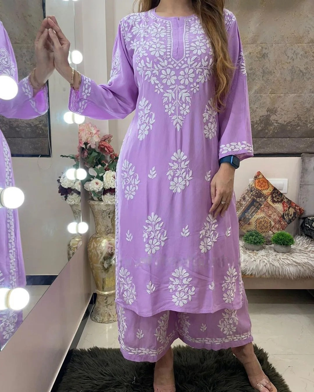 Yellow Rayon Cotton Chikankari Kurta With Palazzo