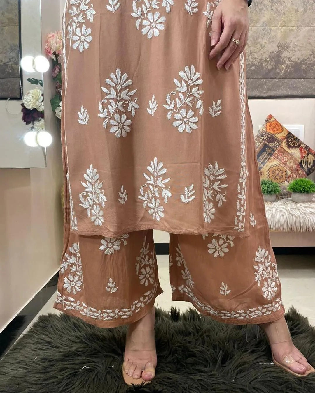 Rayon Cotton Chikankari Kurta With Palazzo