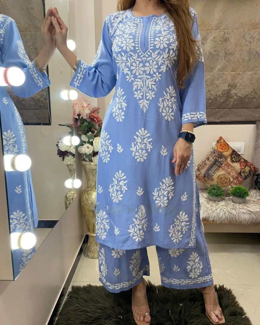 Yellow Rayon Cotton Chikankari Kurta With Palazzo