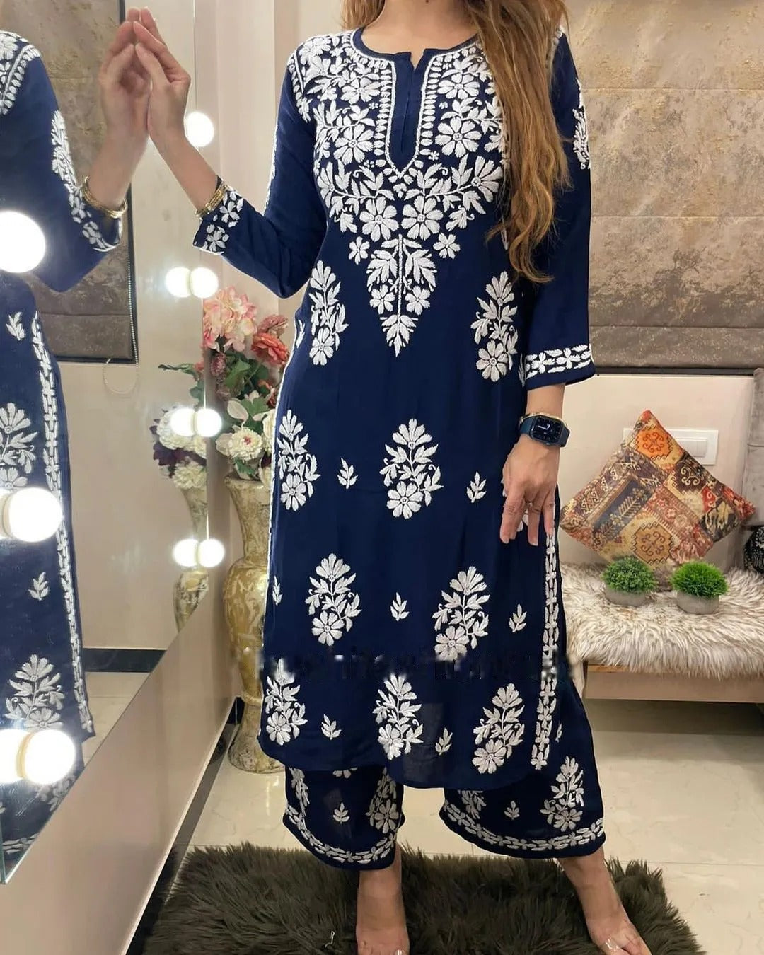 Yellow Rayon Cotton Chikankari Kurta With Palazzo
