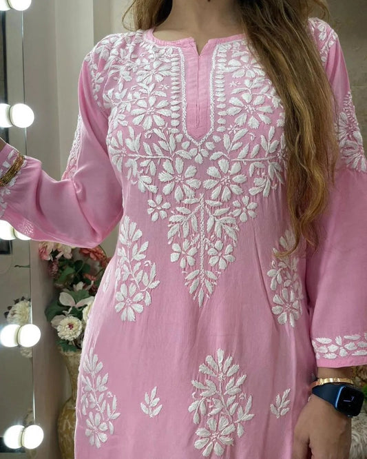 Lightpink Rayon Cotton Chikankari Kurta With Palazzo