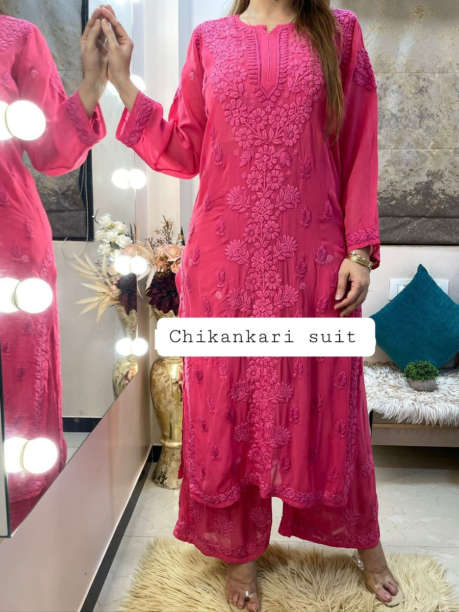 Viscose Georgette Chikankari Kurta With Palazzo Set
