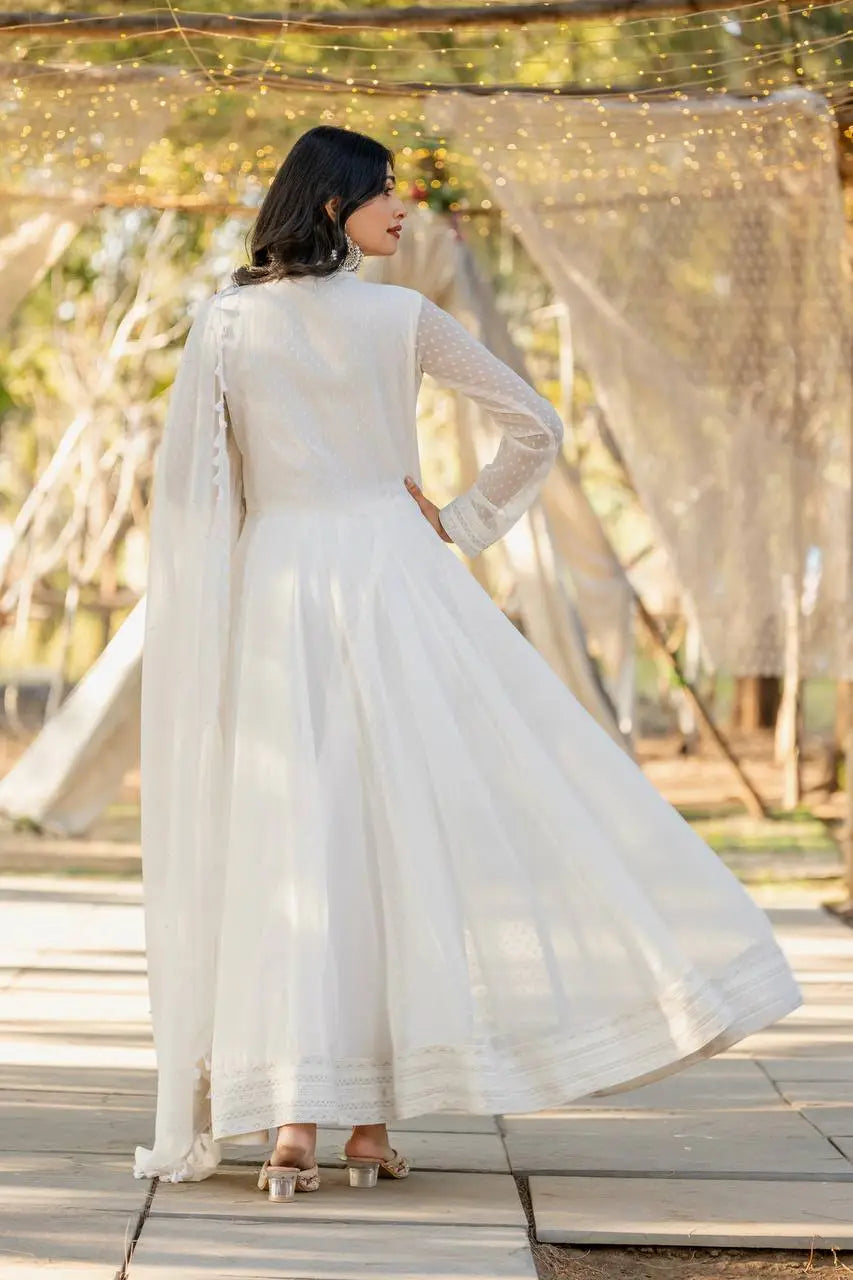 White Heavy Buti Faux Georgette Embroidery Work Gown