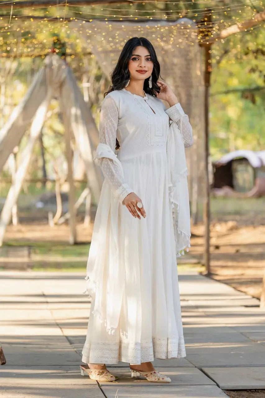 White Heavy Buti Faux Georgette Embroidery Work Gown