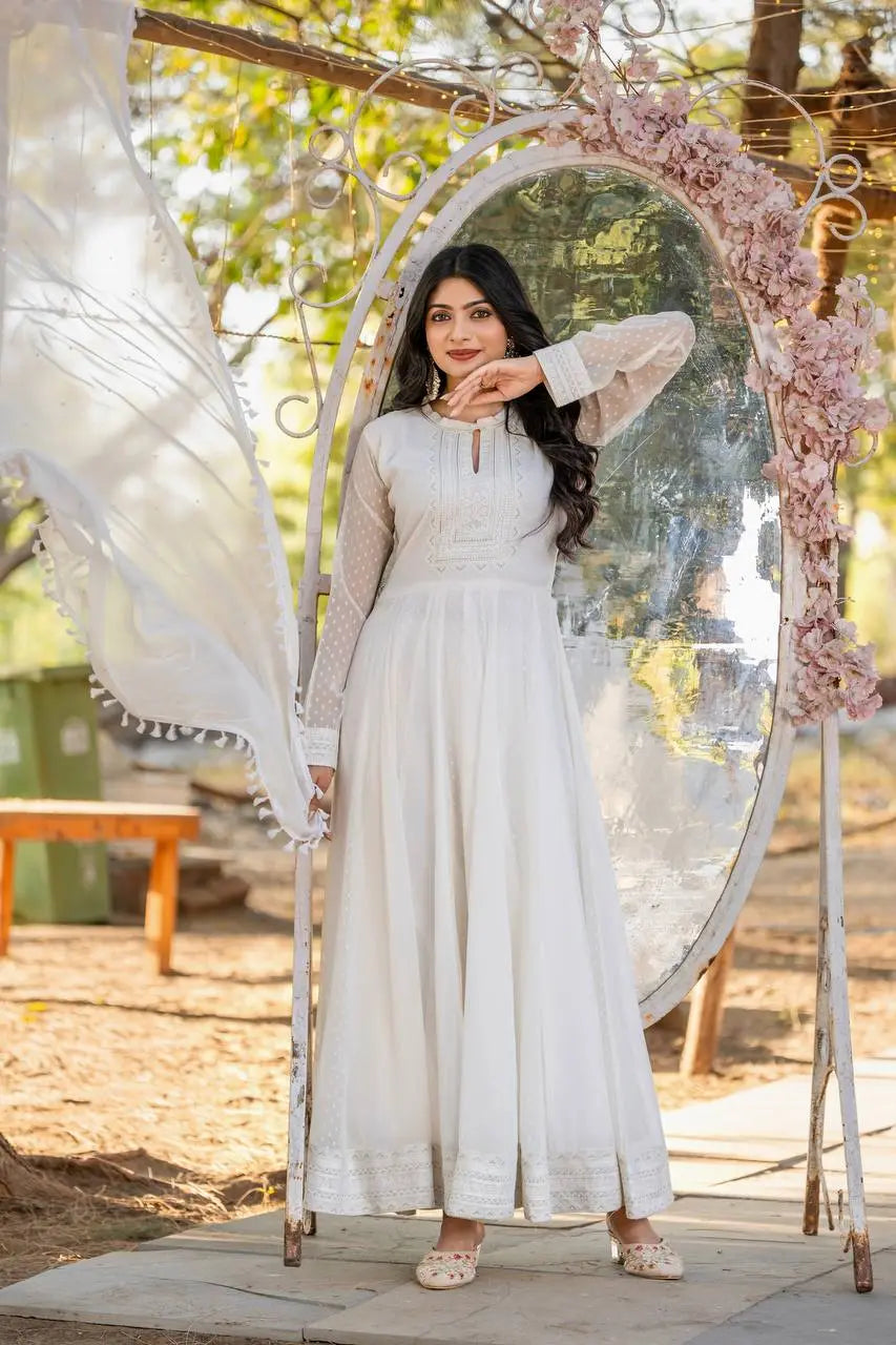 White Heavy Buti Faux Georgette Embroidery Work Gown