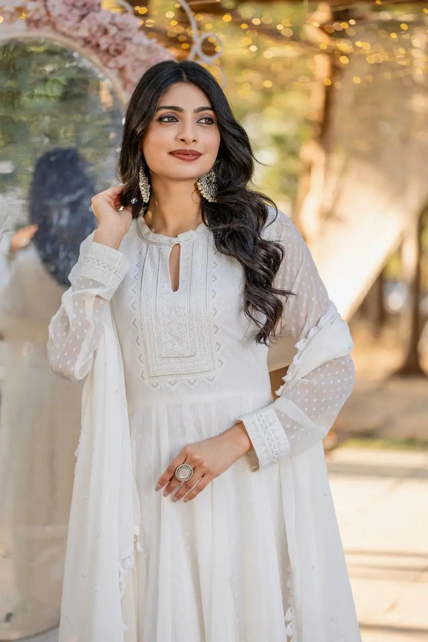 White Heavy Buti Faux Georgette Embroidery Work Gown