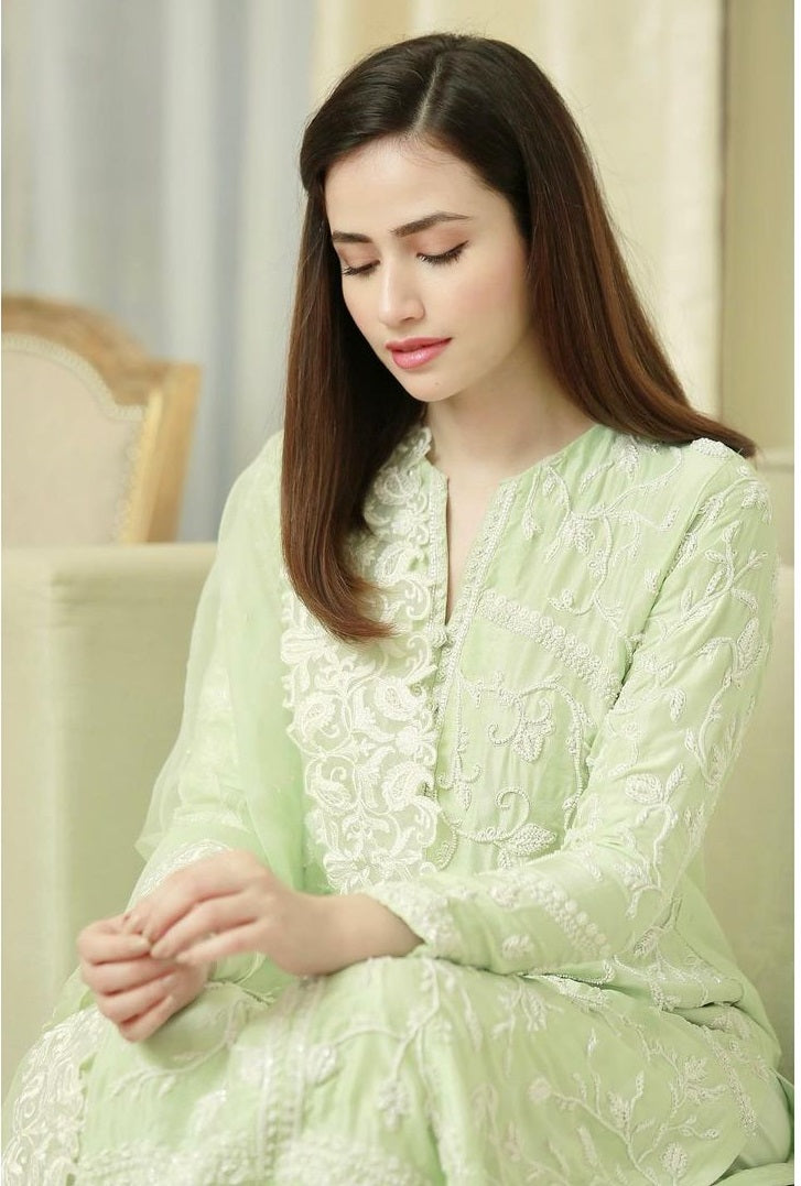 Lucknowi Chikankari Cotton Embroidered Pista Color Salwar Suit Off Coding Work Dupatta