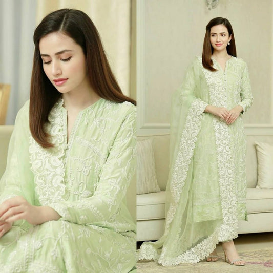 Lucknowi Chikankari Cotton Embroidered Pista Color Salwar Suit Off Coding Work Dupatta