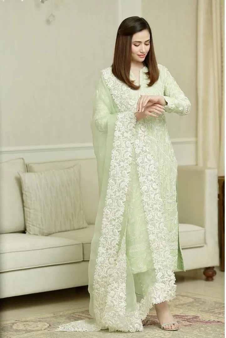 Lucknowi Chikankari Cotton Embroidered Pista Color Salwar Suit Off Coding Work Dupatta