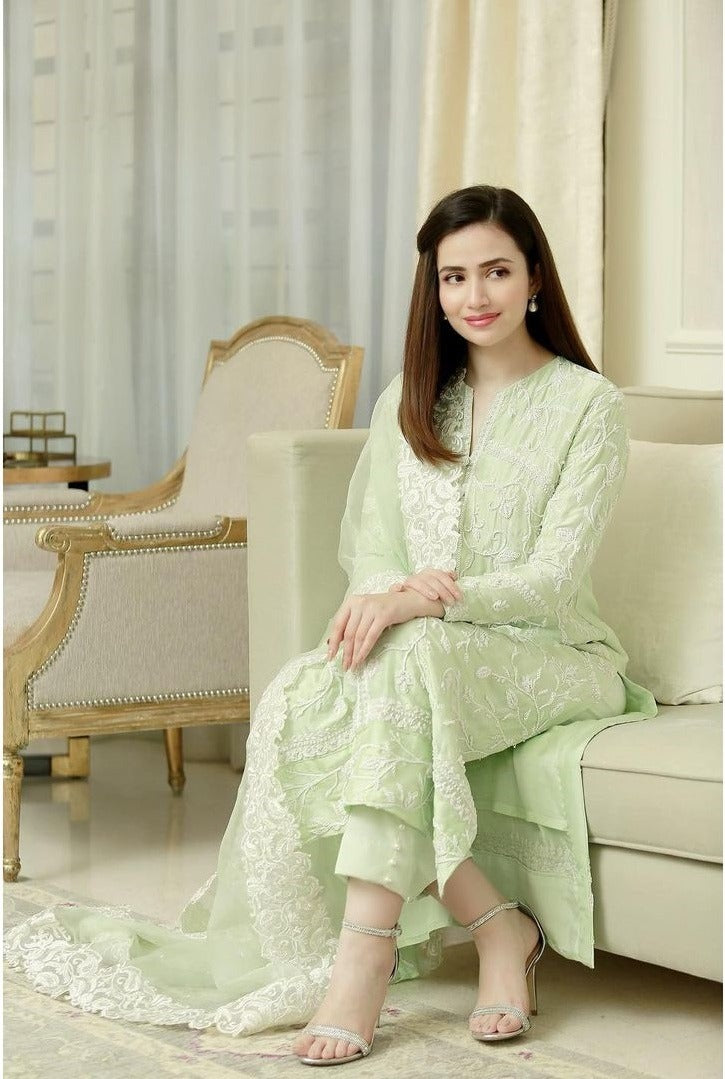 Lucknowi Chikankari Cotton Embroidered Pista Color Salwar Suit Off Coding Work Dupatta