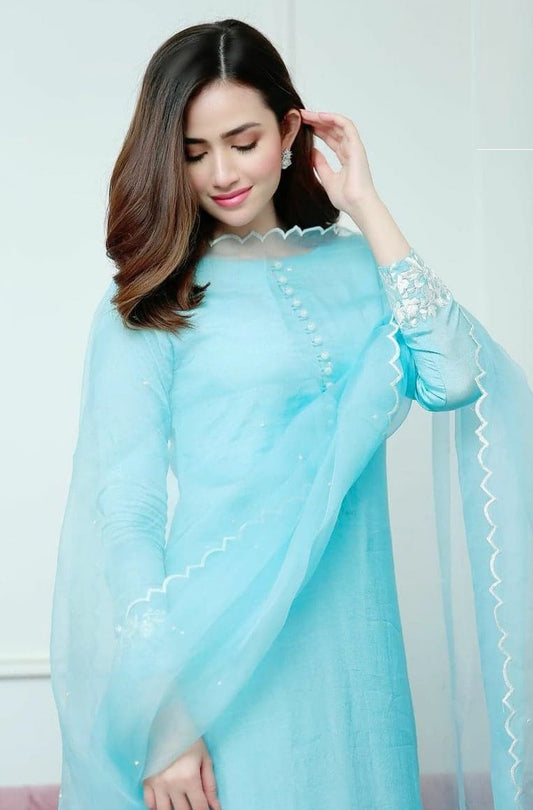Auspicious Sky Blue Plain Rayon Cotton Salwar Suits With Organza Silk Dupatta