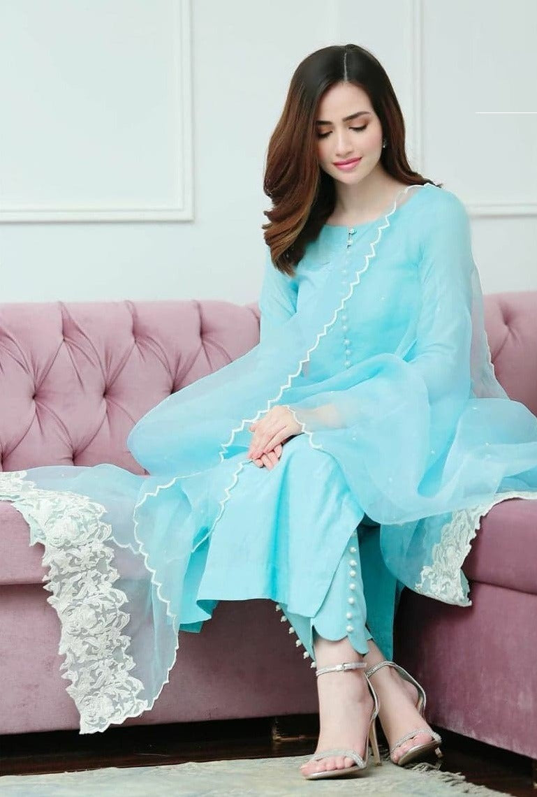 Auspicious Sky Blue Plain Rayon Cotton Salwar Suits With Organza Silk Dupatta
