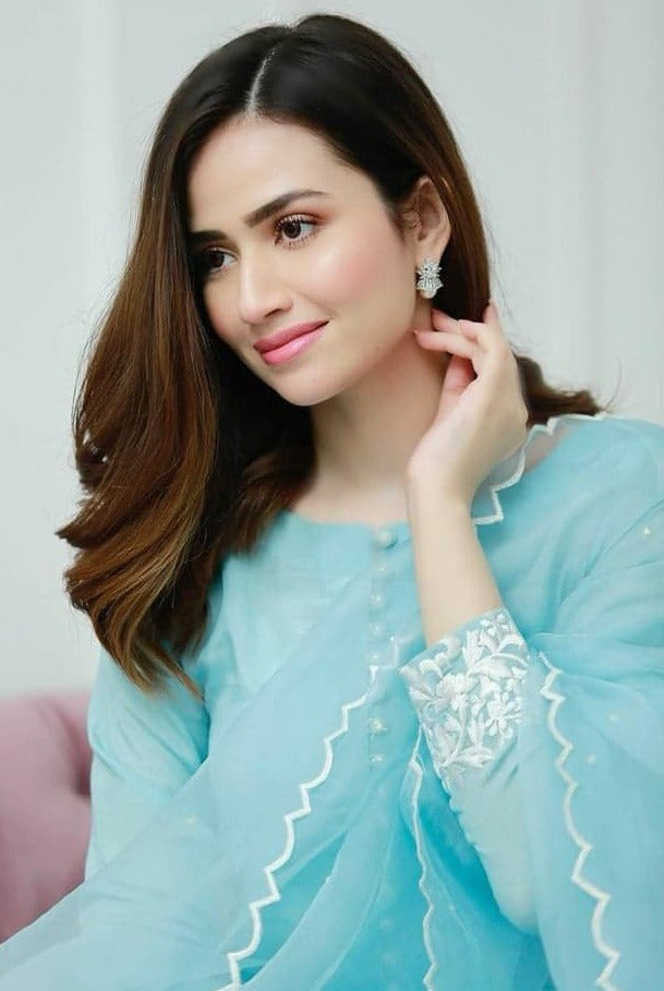 Auspicious Sky Blue Plain Rayon Cotton Salwar Suits With Organza Silk Dupatta
