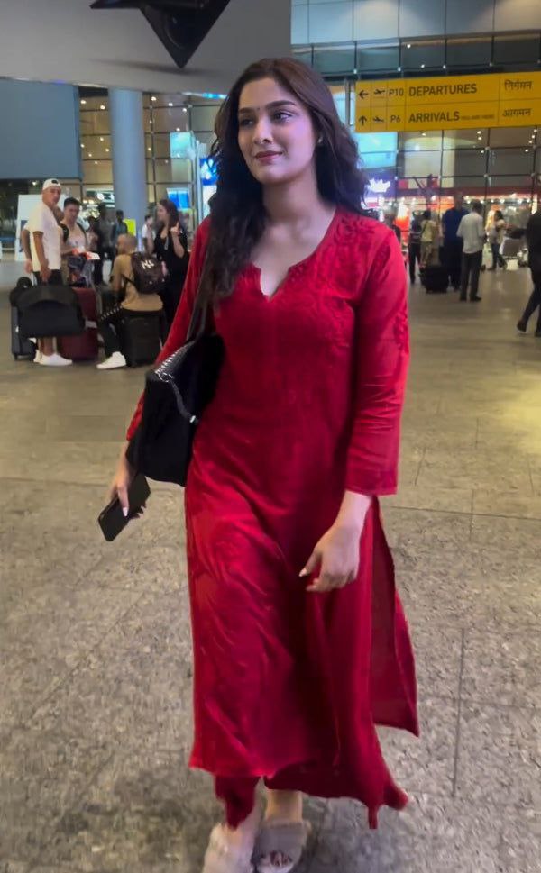 Deep Red Rayon Cotton Chikankari Kurta With Palazzo