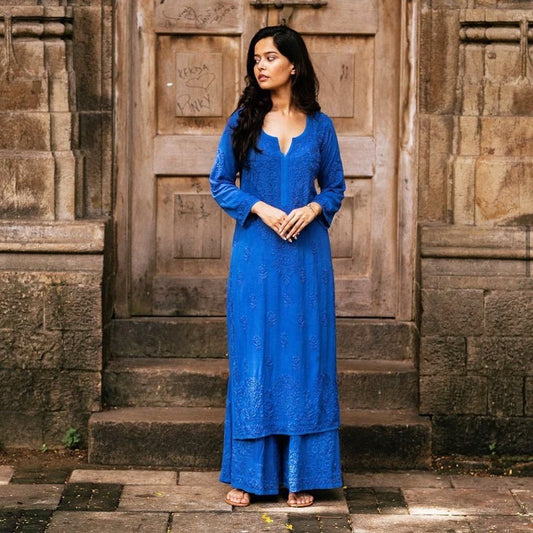 Deep Red Rayon Cotton Chikankari Kurta With Palazzo