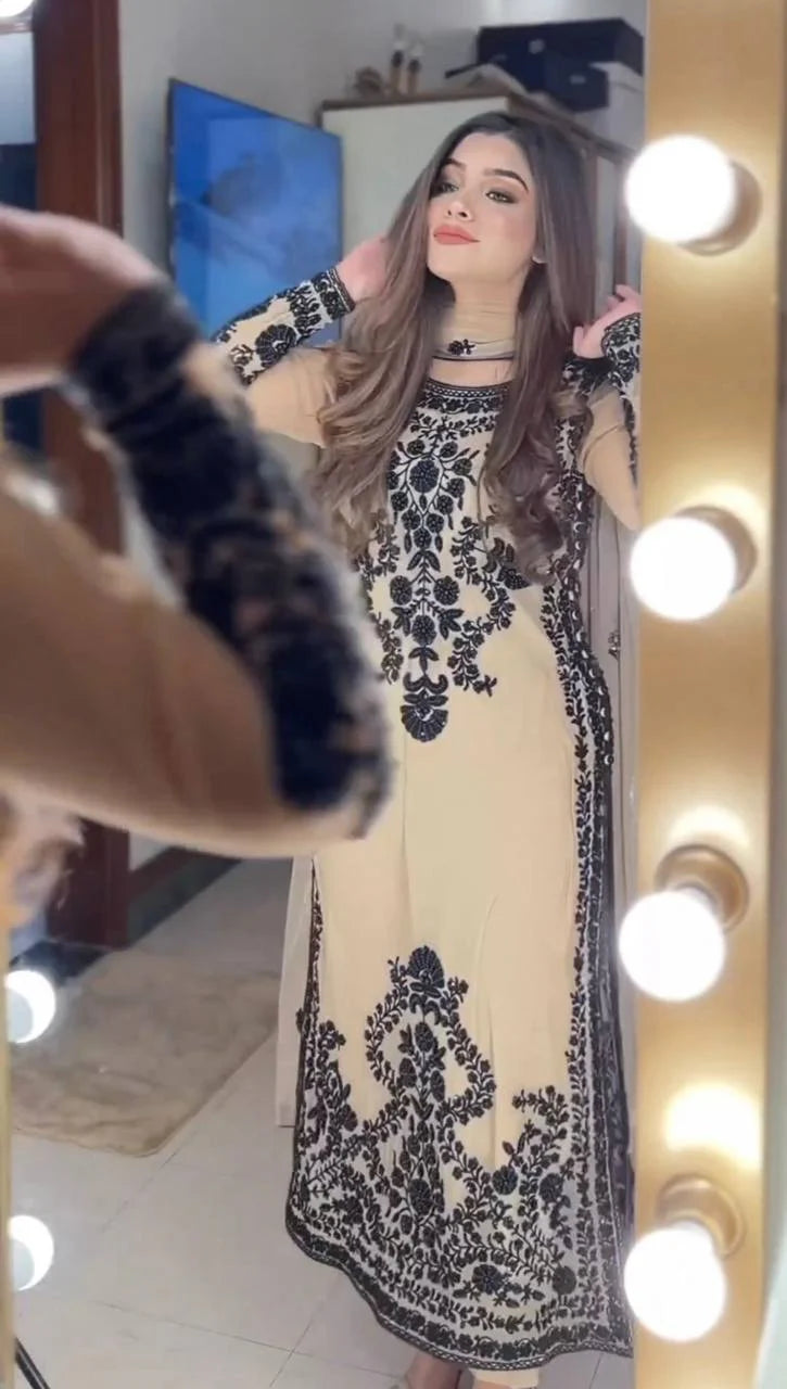 Cream Faux Georgette Embroidery Work Salwar Suit with Dupatta Set