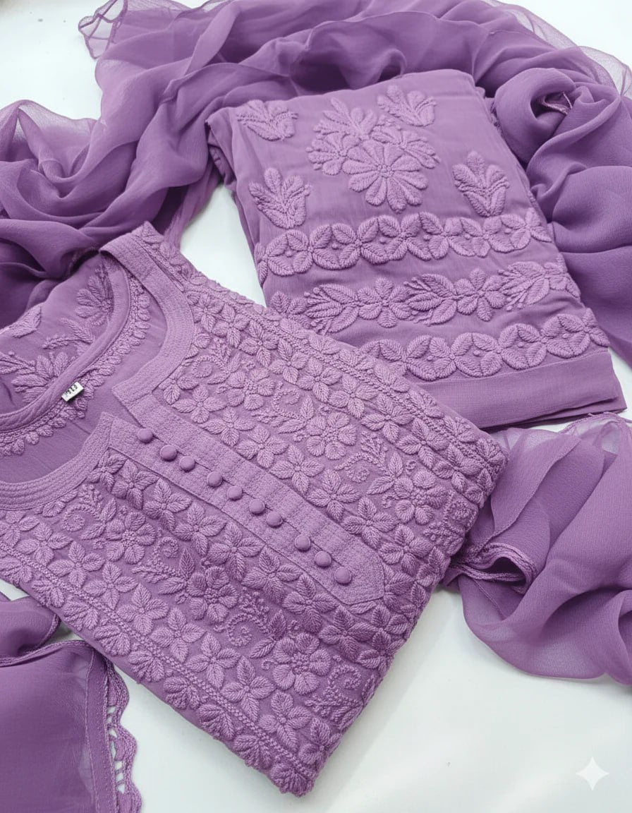 Elegant Georgette Chikankari Kurta Palazzo Set with Dupatta | Lucknowi Embroidery