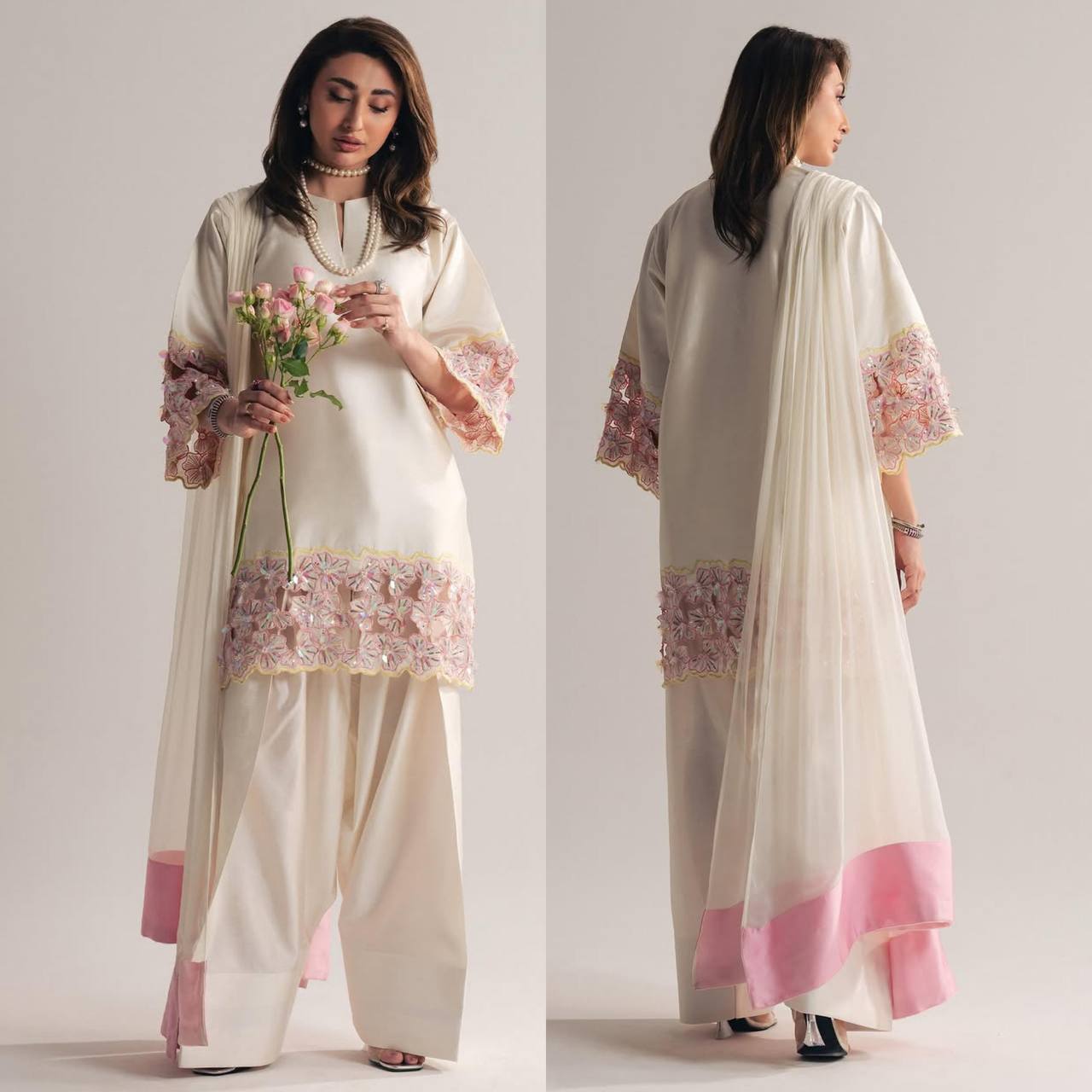 Elegant Cream Farshi Suit Set in Soft Malai Premium Silk with Embroidered Top & Dupatta