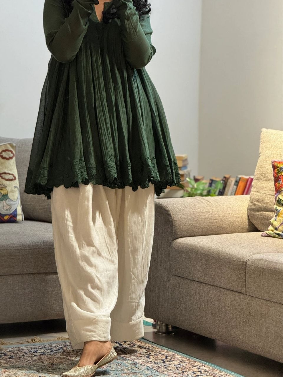 Classic Forest Green Flared Kali Top with Embroidered Hem & Farshi Bottom Set
