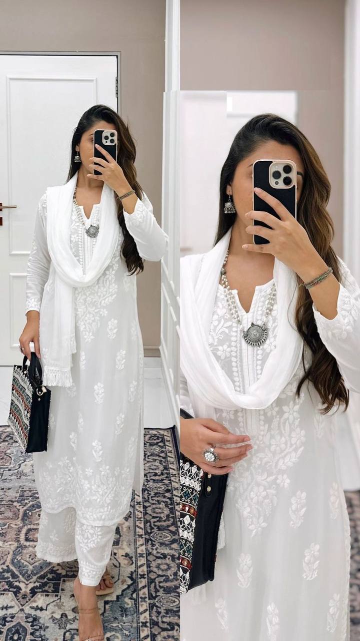 White Rayon Cotton Kurta With Palazzo And Dupatta