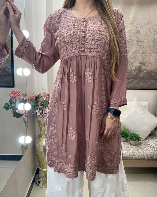 Chocolate Rayon Cotton Chikankari Kurta With Palazzo