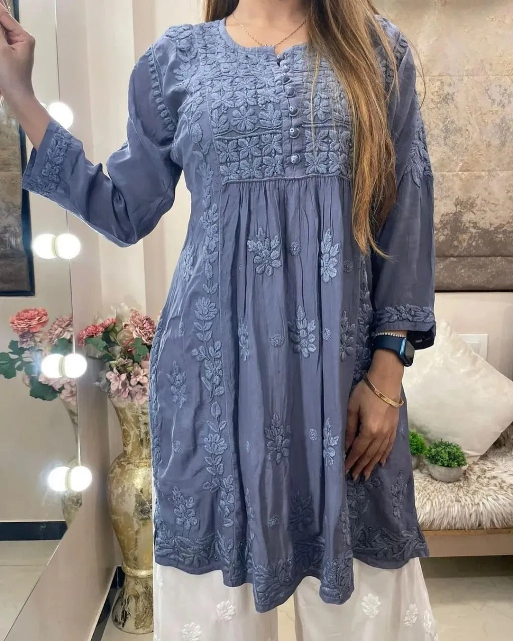 Chocolate Rayon Cotton Chikankari Kurta With Palazzo