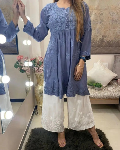 Chocolate Rayon Cotton Chikankari Kurta With Palazzo