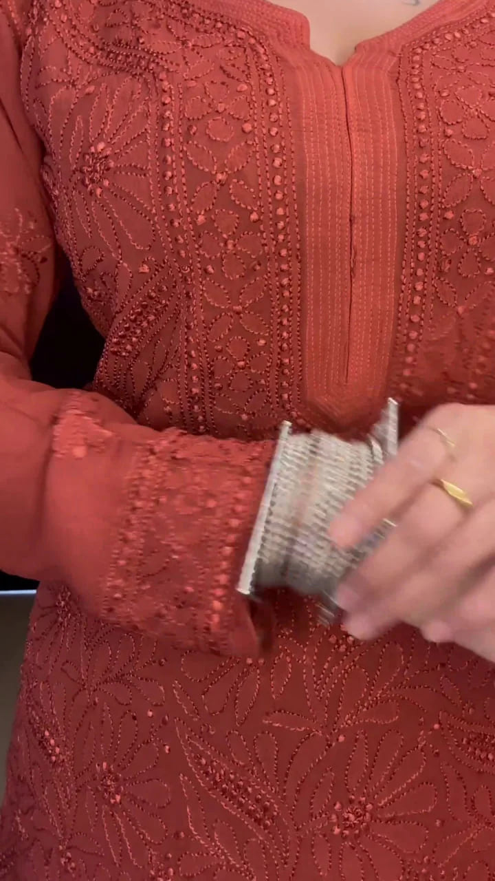 Viscose Georgette Chikankari Kurta With Palazzo And Dupatta