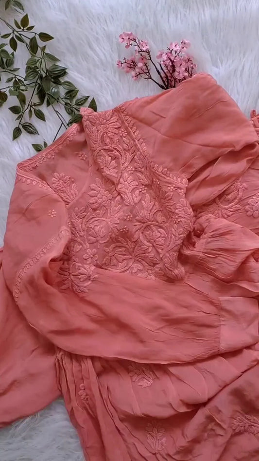 Peach Premium Silk Afghani Chikankari Tunic Set