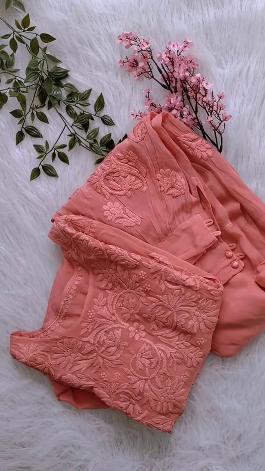 Peach Premium Silk Afghani Chikankari Tunic Set