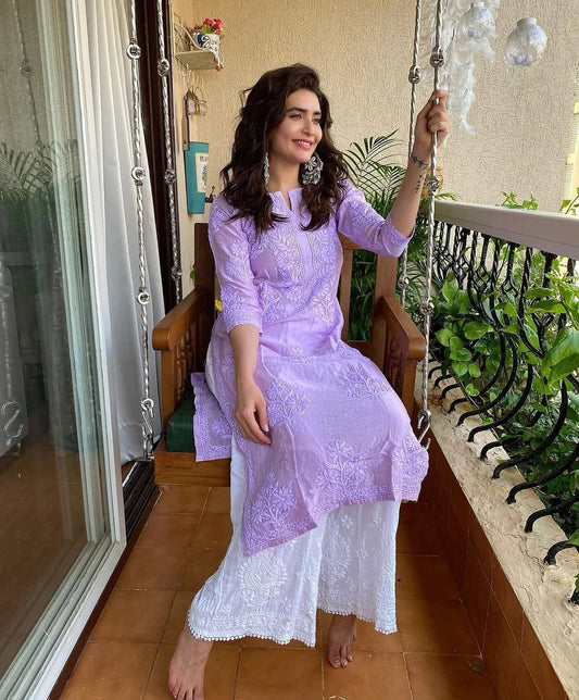 Purple Colour Cotton Chikankari Kurta With Palazzo