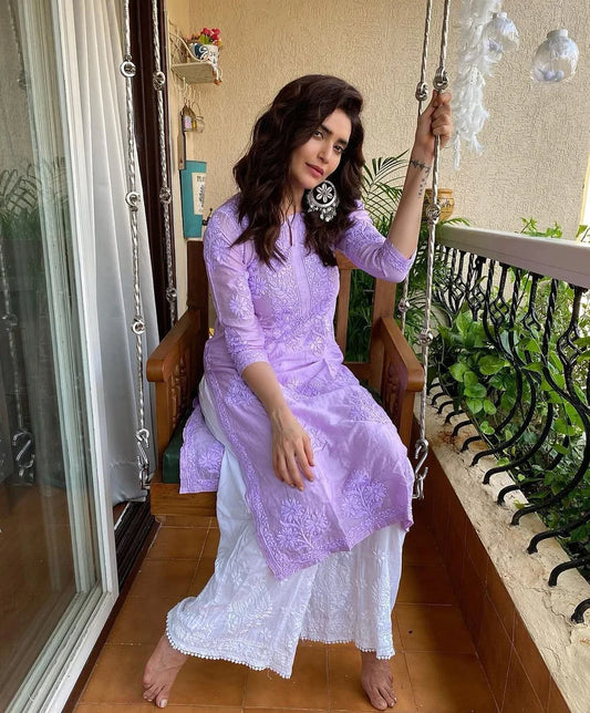 Purple Colour Cotton Chikankari Kurta With Palazzo