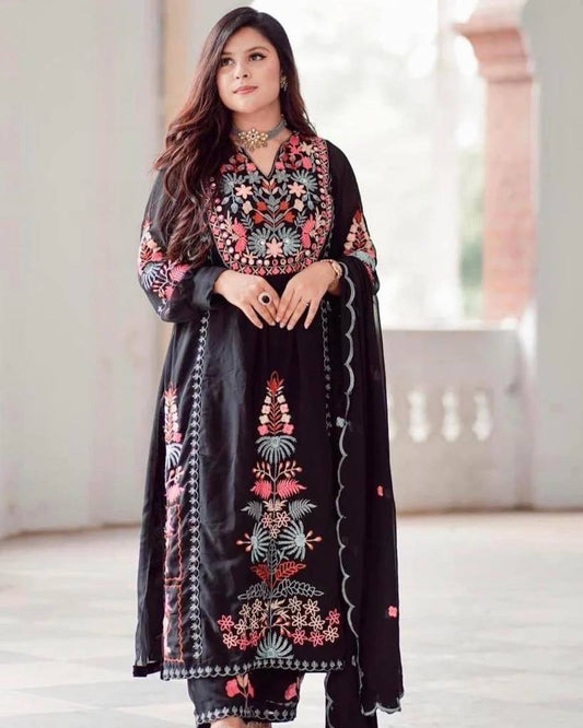 Faux Georgette Embroidered Gown With Pant And Dupatta Set
