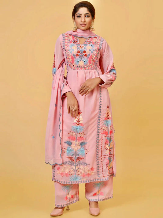 Peach Faux Georgette Embroidered Gown With Pant And Dupatta Set