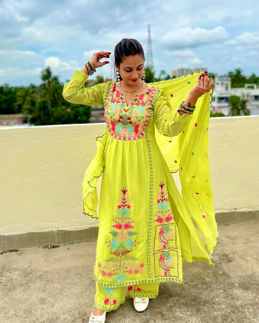 Faux Georgette Embroidered Gown With Pant And Dupatta Set