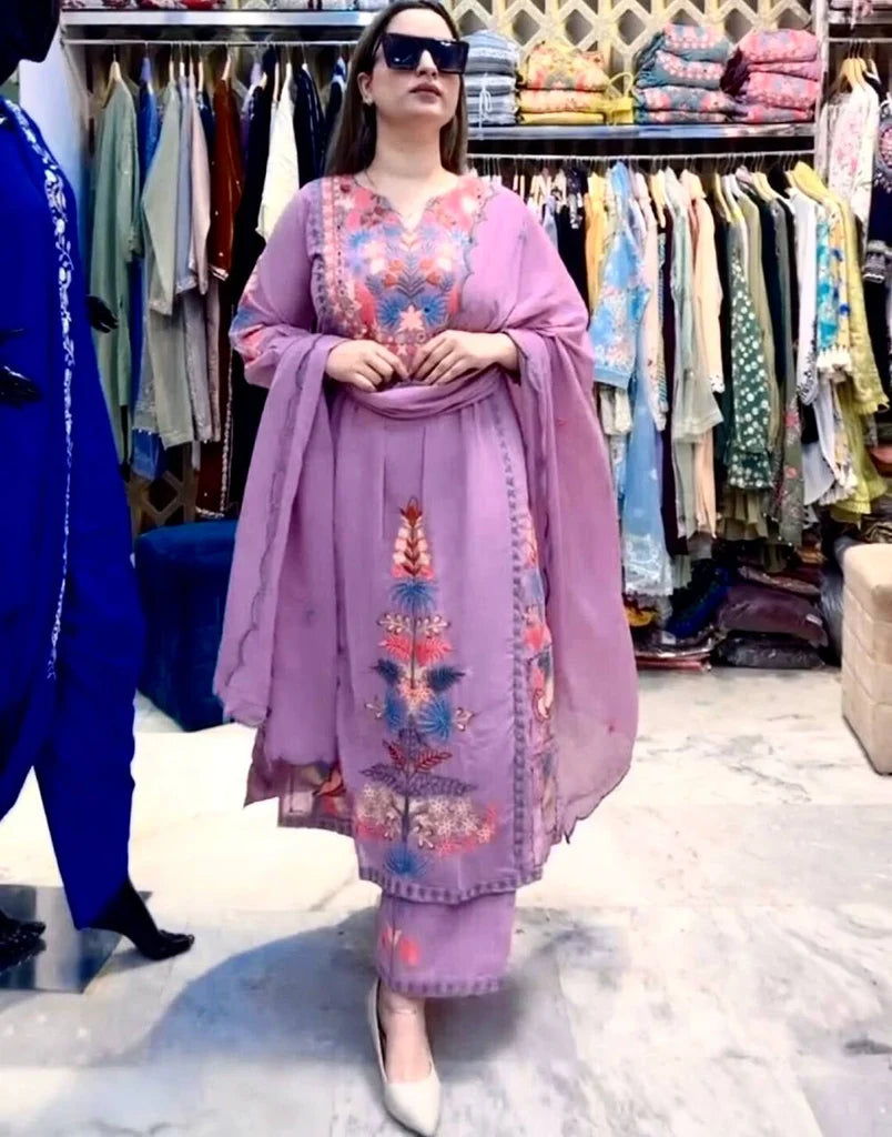 Faux Georgette Embroidered Kurta With Pant And Dupatta Set