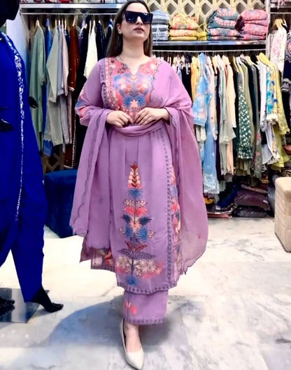 Faux Georgette Embroidered Kurta With Pant And Dupatta Set