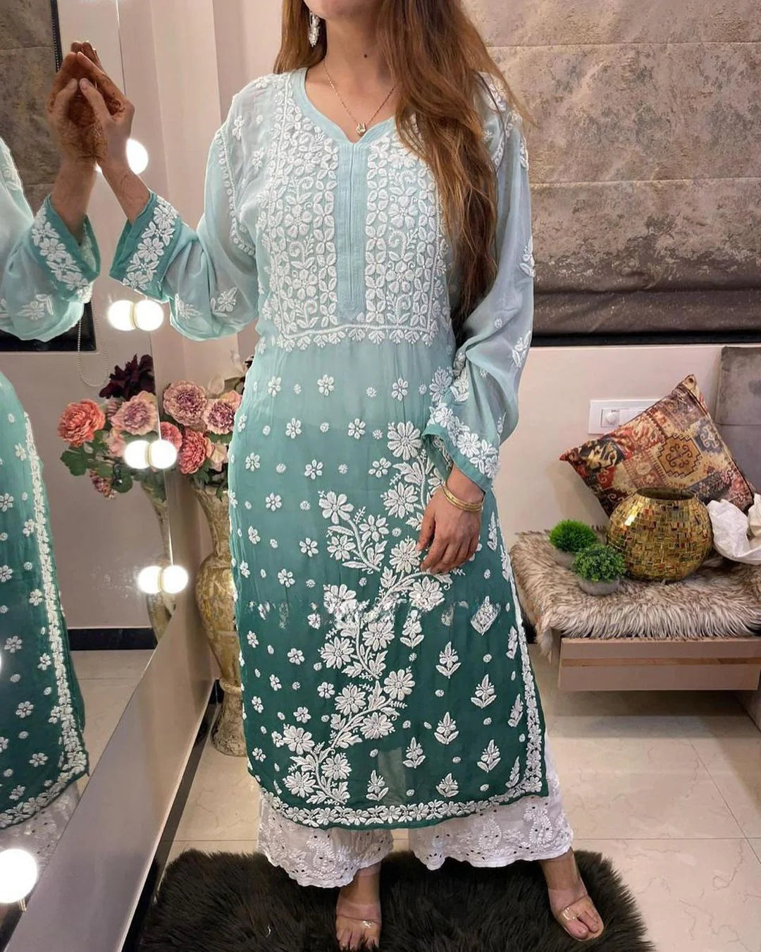 Viscose Georgette Chikankari Kurta With Palazzo Set