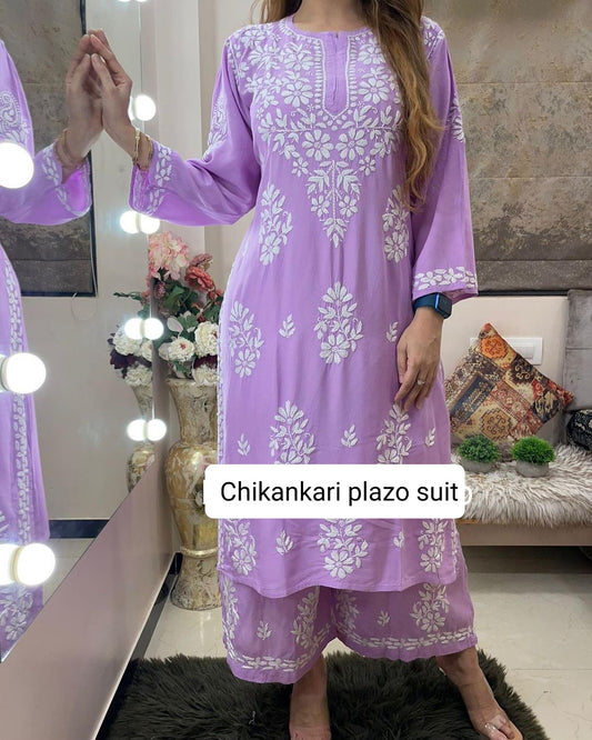 Yellow Rayon Cotton Chikankari Kurta With Palazzo